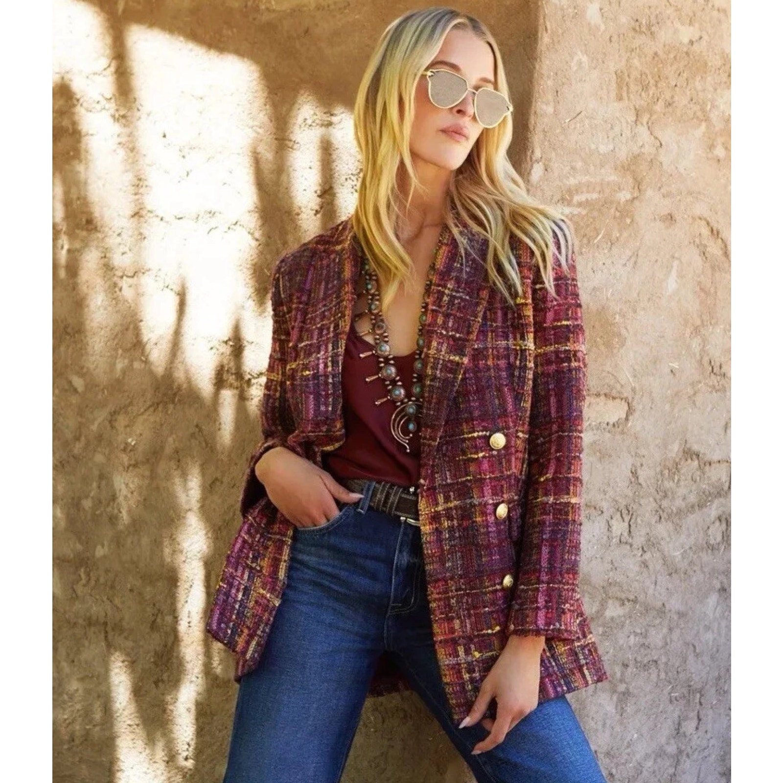 L'agence Aimee Relaxed Fit Double-Breasted Blazer In Red Pink Multi-Tweed 8